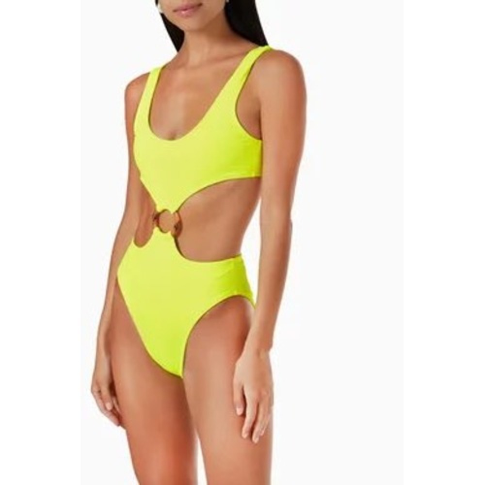 Montce Swim Neon Yellow Ribbed‎ Cutout O-Ring One Piece Swimsuit Size L